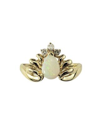 14 Karat Yellow Gold Pear Shaped Opal and Diamond Ring Size 6.75 #16885